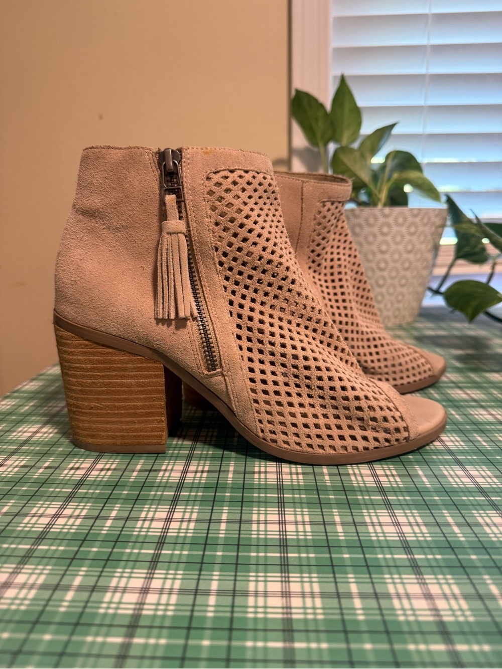 Society Taupe Laser-Cut Suede Peep-Toe Block Heel Booties